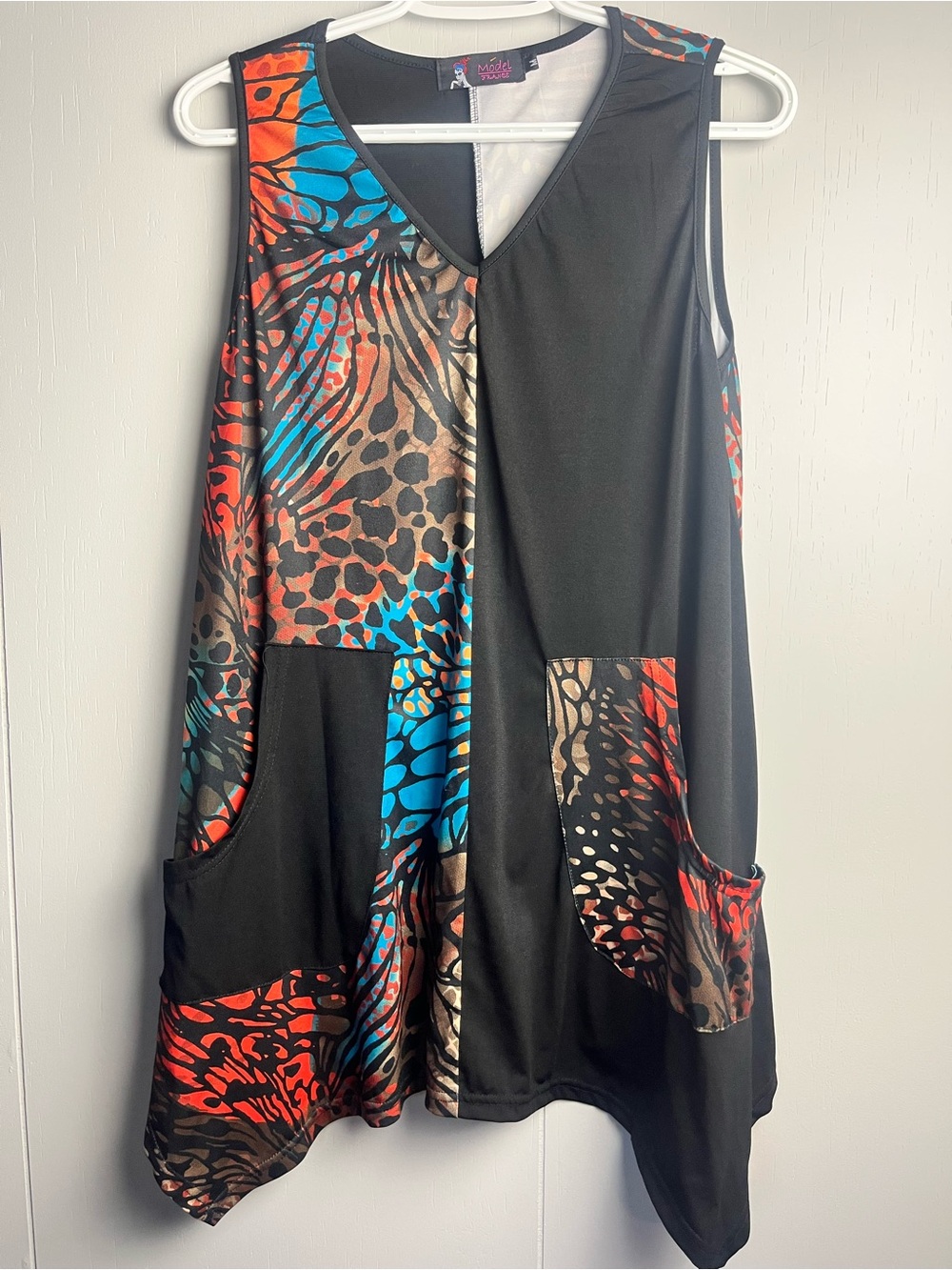 Model France Abstract Print Tunic Dress Oversized Pocket Lagenlook Art To Wear.